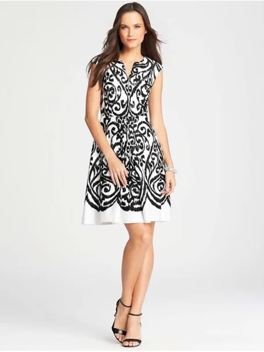 Ann Taylor Black & White Scroll-Print Midi Dress